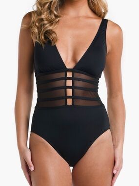 La Blanca Black Mesh-Detail One-Piece Swimsuit